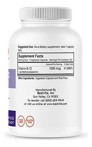Bestvite Vitamina B12 (metilcobalamina) 1000mcg (240 Cápsula - Imagem 2