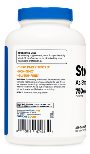 Suplemento Nutricost Citrato De Estrôncio 750 Mg 240 Cápsula - Imagem 5