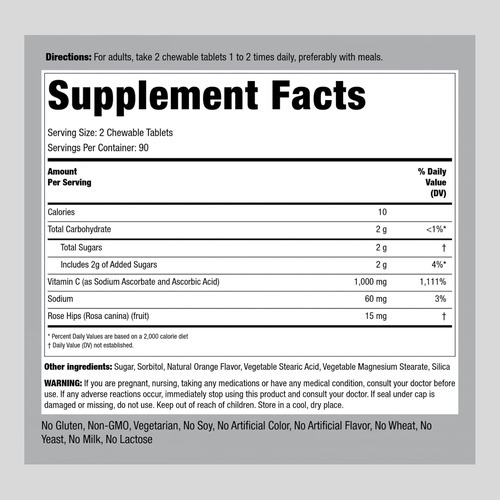 Piping Rock Vitamina C Mastigável 1000mg | 180 Comprimidos | - Imagem 2