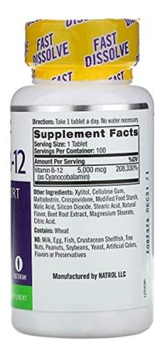 Vitamina B-12 Marca Natrol, 5000 Mcg, 100 Comprimidos, Moran - Imagem 2