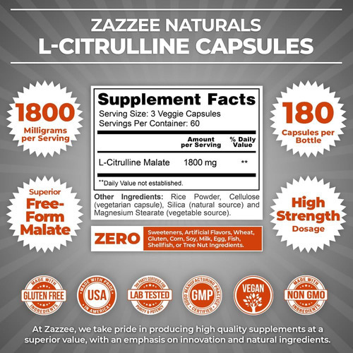Zazzee De Alta Resistência L-citrulina Malato, 1800 Mg Por P - Imagem 3