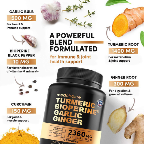 Suplementos 4 Em 1 De Cúrcuma E Alho Com Bioperina 2360 Mg ( - Imagem 3