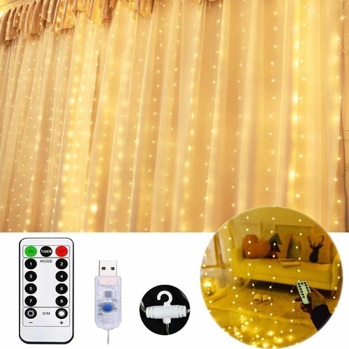 Cortina 300 Led Usb Controle Branco Quente 3mx3m 2 Unidades