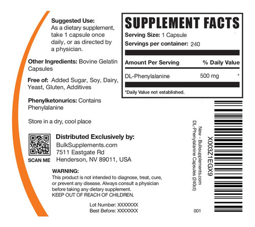 Suplemento Bulksupplements.com Dl-fenilalanina 500 Mg 240 Ca - Imagem 2