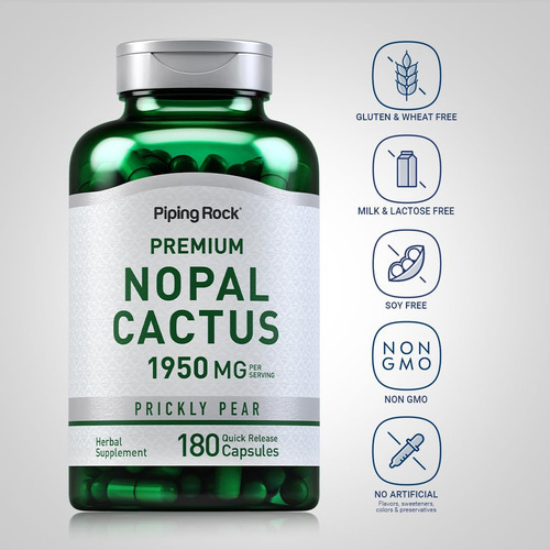 Suplemento Piping Rock Nopal Cactus Capsules 1950 Mg 180 Uni - Imagem 3