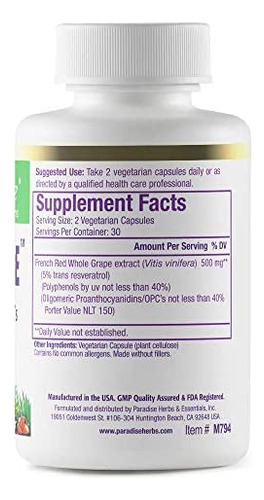 Paradise Herbs Resveragrape, Resveratrol + Polifenóis + Opc - Imagem 2