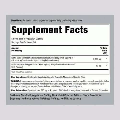 Cápsulas De Suplemento Piping Rock Lions Mane | 2100mg | 90 - Imagem 2