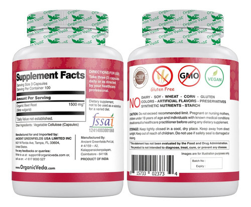 Cápsulas Orgânicas De Raiz De Beterraba Veda 1500 Mg - 300 C - Imagem 2