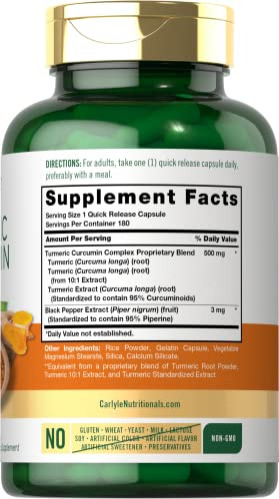 Suplemento Carlyle Curmeric Curcumin 500mg 180 Cápsulas - Imagem 2