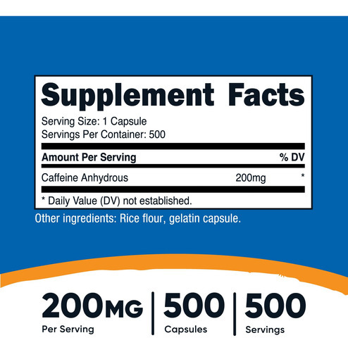 Comprimidos De Cafeína Nutricost 200 Mg/cápsulas (500 Cápsul - Imagem 2