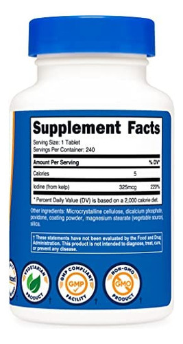 Comprimidos Nutricost Kelp, 325 Mcg De Iodo, 240 Comprimido - Imagem 3