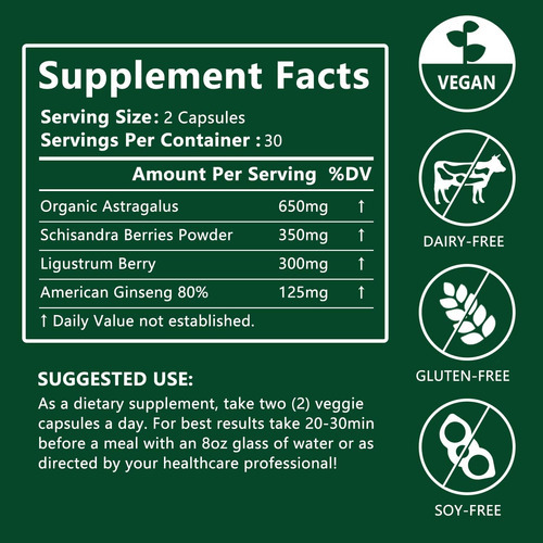 Extrato Orgânico De Raiz De Astrágalo 650 Mg, Bagas De Schis - Imagem 3