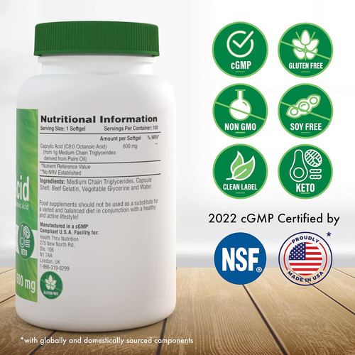 Health Thru Nutrition Ácido Caprílico 600mg 100 Cápsulas Sof - Imagem 2