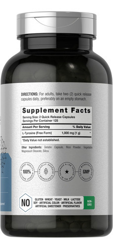 Suplemento Horbaach L-tirosina | 1000mg | 250 Cápsulas | Fór