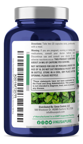Extrato De Chá Verde Nusapure 20:1, Mg, 180 Cápsulas Veganas - Imagem 3