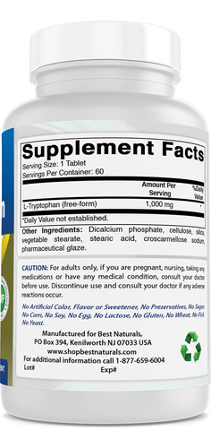 Best Naturals L-triptofano 1000 Mg 60 Comprimidos - Imagem 5