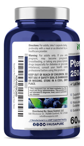 Nusapure Pterostilbene 250 Mg Por Cápsula Vegetal, Contagem - Imagem 2