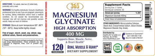 365 Glicinato De Magnésio Da Saúde, 400 Mg Por Porção, 120 C - Imagem 4