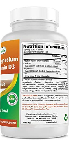 Best Naturals Cálcio Magnésio Zinco Com Vitamina D3, 300 Co - Imagem 2