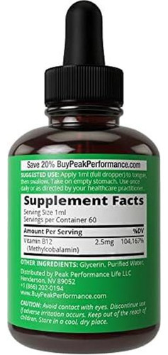 Vitamina B-12 Marca Peak Performance, 25 Mcg, 2 Onças - Imagem 3