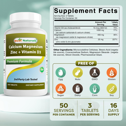 Best Naturals Cálcio Magnésio Zinco Com Vitamina D3, 150 Com - Imagem 2