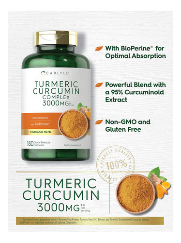 Suplemento De Curcumina E Cúrcuma Carlyle | 3000mg 180 Cápsu - Imagem 3
