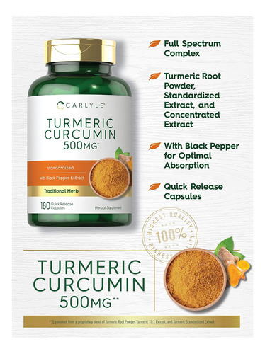 Curcumina De Cúrcuma Carlyle Com Bioperina | 500mg | 180 Cáp - Imagem 4