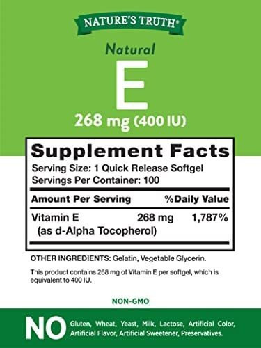 Natures Truth Vitamin E 400 Natural (d-alpha) 100 Softgels, - Imagem 2