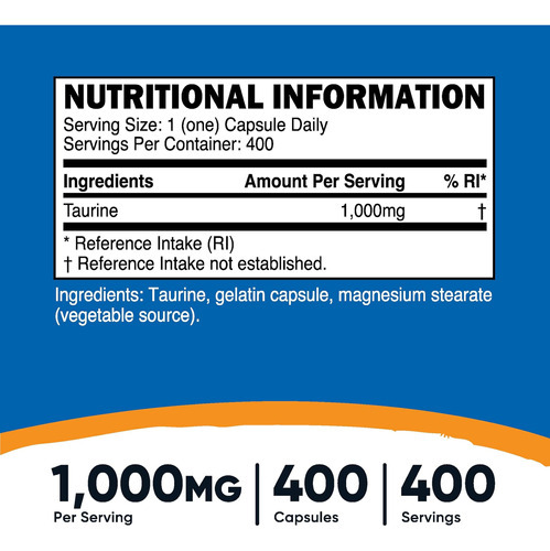 Taurina De Nutricost 1000mg, 400 Cápsulas - Imagem 2