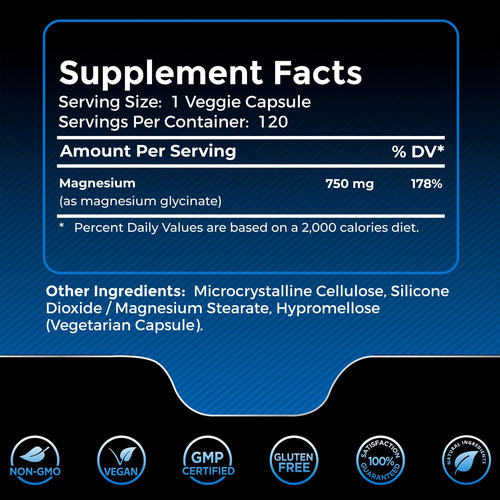 Cápsulas De Glicinato De Magnésio - 750 Mg | Contagem 120, S - Imagem 2