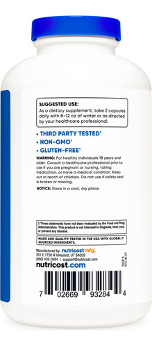 Suplemento Nutricost Baca Em Cápsulas 2:1:1 500 Mg 500 Cápsu - Imagem 4