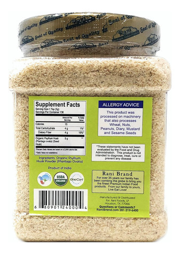 Rani Organics Psyllium Whole Husk Powder (isabgol), Suplemen - Imagem 3