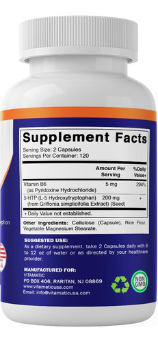 Vitamatic 5-htp 200 Mg Com B6 5 Mg Por Porção - 240 Cápsulas - Imagem 2