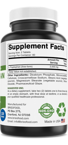 Brieofood L-triptofano 2.000 Mg Por Porção - 120 Comprimidos