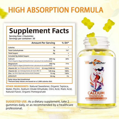 Gomas De Cálcio E Magnésio Com Vitamina D3 K2 Sem Açúcar 600 - Imagem 2