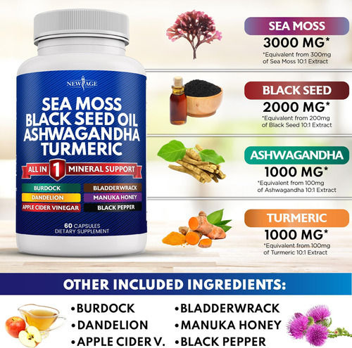 New Age Silica Sea Moss 3000mg Óleo De Semente Preta 2000mg - Imagem 3