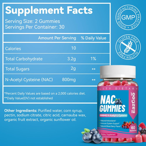 Eazgoo Nac Gummies 800mg, Suplemento De N-acetil Cisteína, S - Imagem 2