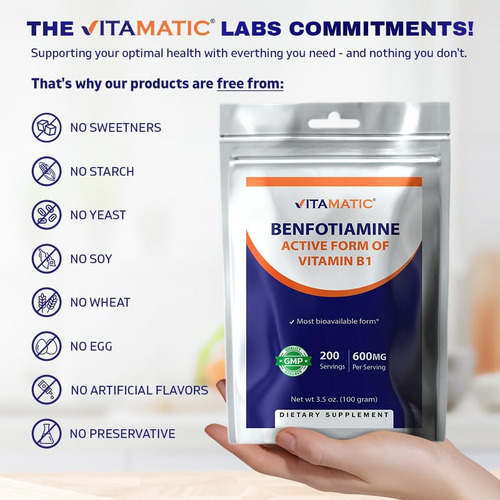 Pó Puro De Benfotiamina Vitamatic 600 Mg Por Porção - 100 Gr - Imagem 6