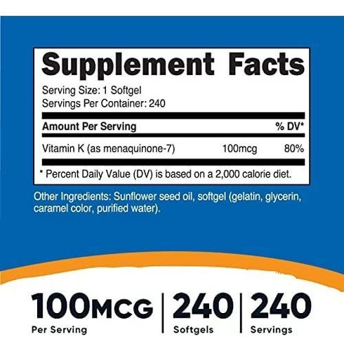 Nutricost Vitamin K2 Mk-7 100 Mcg, 240 Softgels - Sem Glúte - Imagem 2