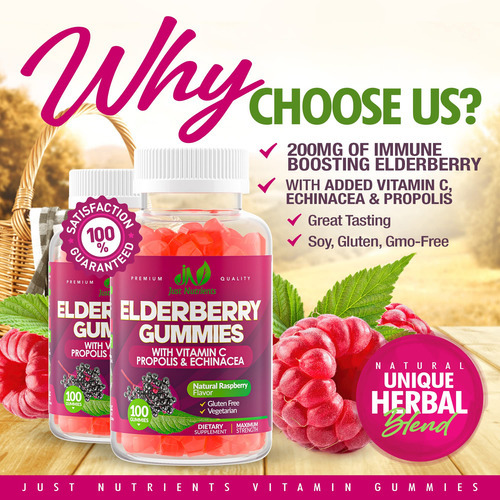 Suplemento Just Nutrients Elderberry Sambucus Gummies 100ct - Imagem 2