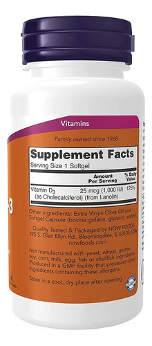 Now Foods, Vitamina D-3, Alta Potência, 1.000 Ui, 180 Cápsul - Imagem 2