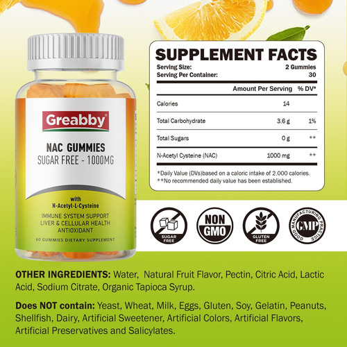 Greabby Nac Gummies Sem Açúcar, Suplemento De N Acetil Ciste - Imagem 2