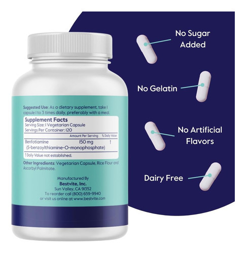 Bestvite Benfotiamina 150 Mg (120 Cápsulas Vegetarianas) Sem - Imagem 2