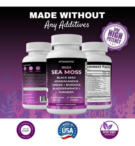 Vitamatic Sea Moss 3000mg Óleo De Semente Preta 2000mg Ashwa - Imagem 6
