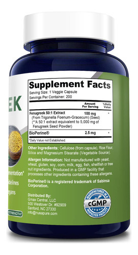 Suplemento Nusapure Fenugreek 5000 Mg 200 Cápsulas Vegetais - Imagem 2