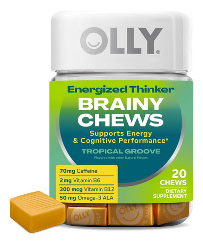 Pensador De Olly Energizado Chews Brainy, 70mg De Cafeína, V