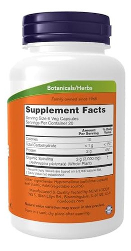 Suplementos Now, Espirulina Natural 500 Mg Com Beta-caroteno - Imagem 2