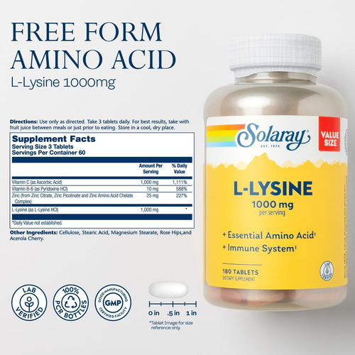 Solaray L-lisina, Formato Livre 1000 Mg, Suplemento De Supor - Imagem 2