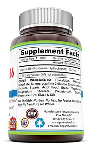 Pure Naturals Vitamina B-6, 100 Mg 100 Comprimidos - Apoia O - Imagem 2