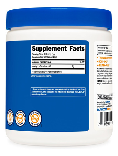 Suplemento Nutricost Acetil L-carnitina (alcar) 250g Em Pó - Imagem 6